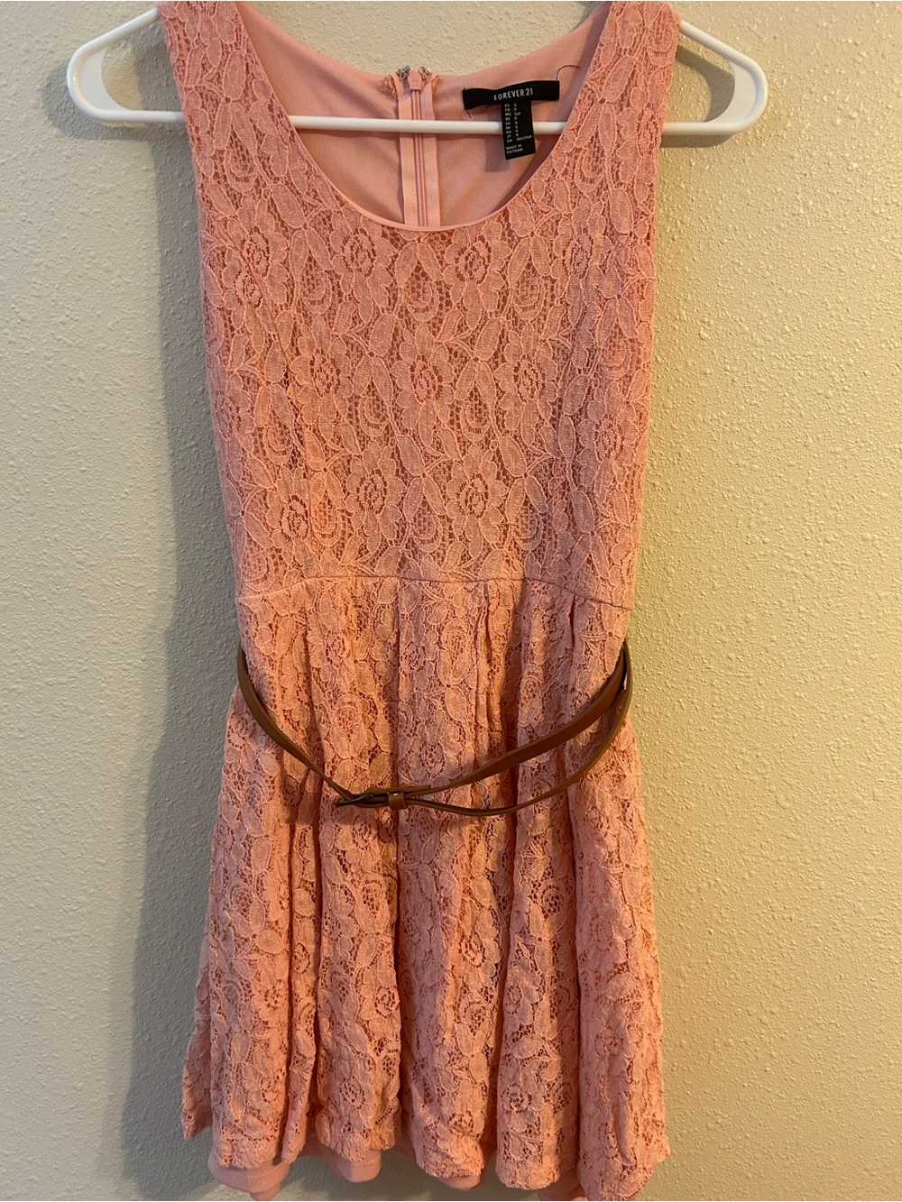 Forever 21 Salmon Pink Floral Lace Belted Skater Fit & Flare Dress Small